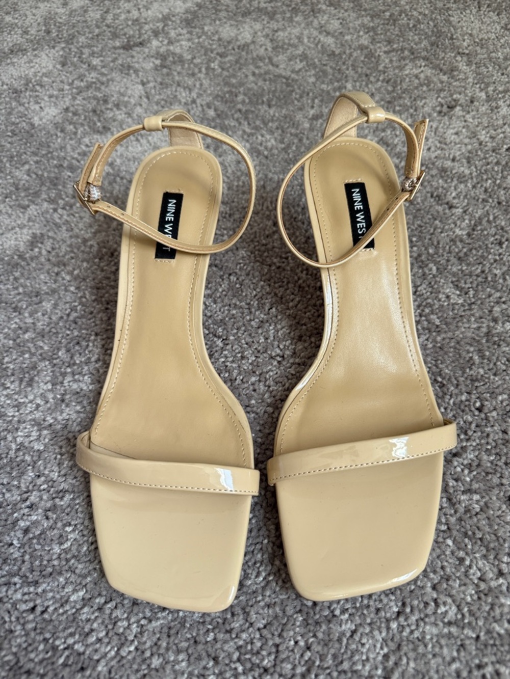 Nine West Beige Patent Square-Toe Ankle-Strap Sandals